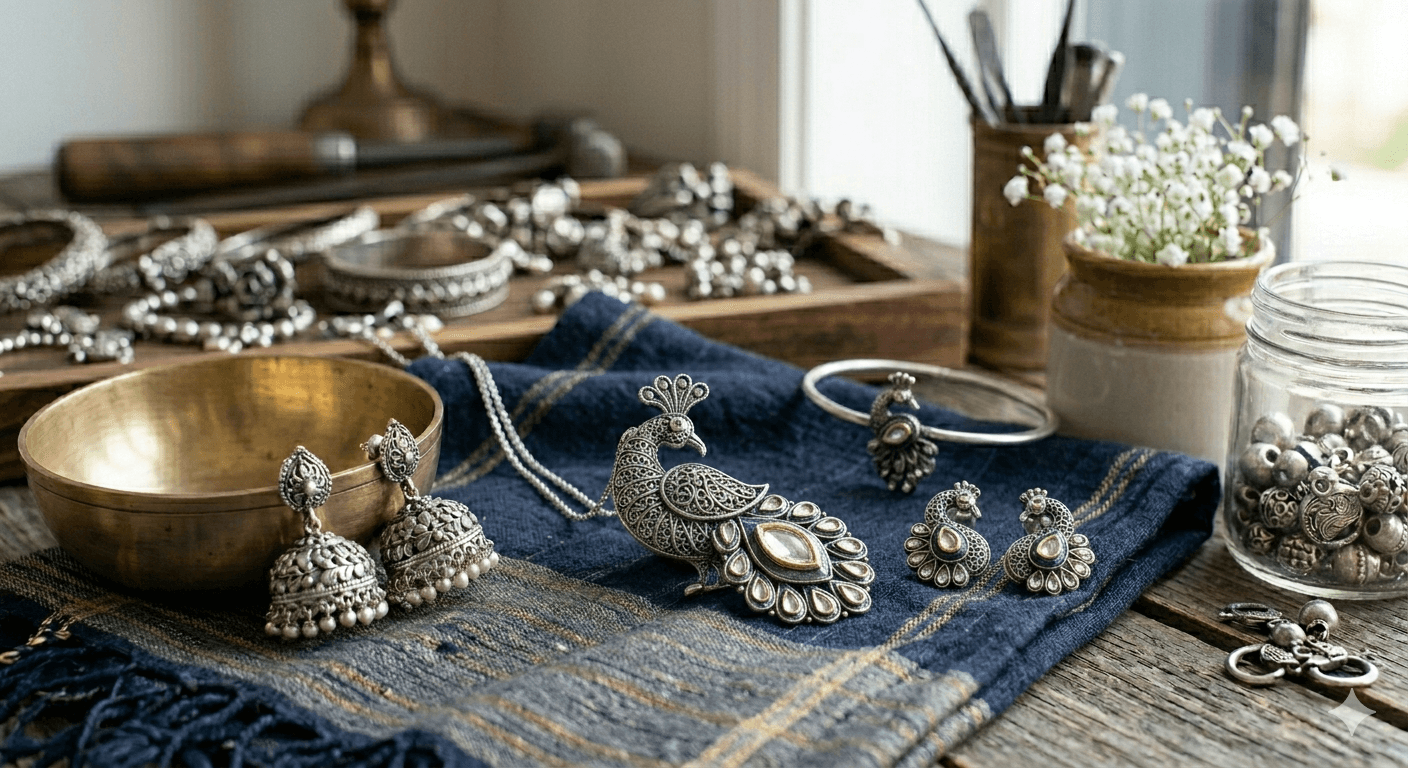 Peacock Silver Pendant Set